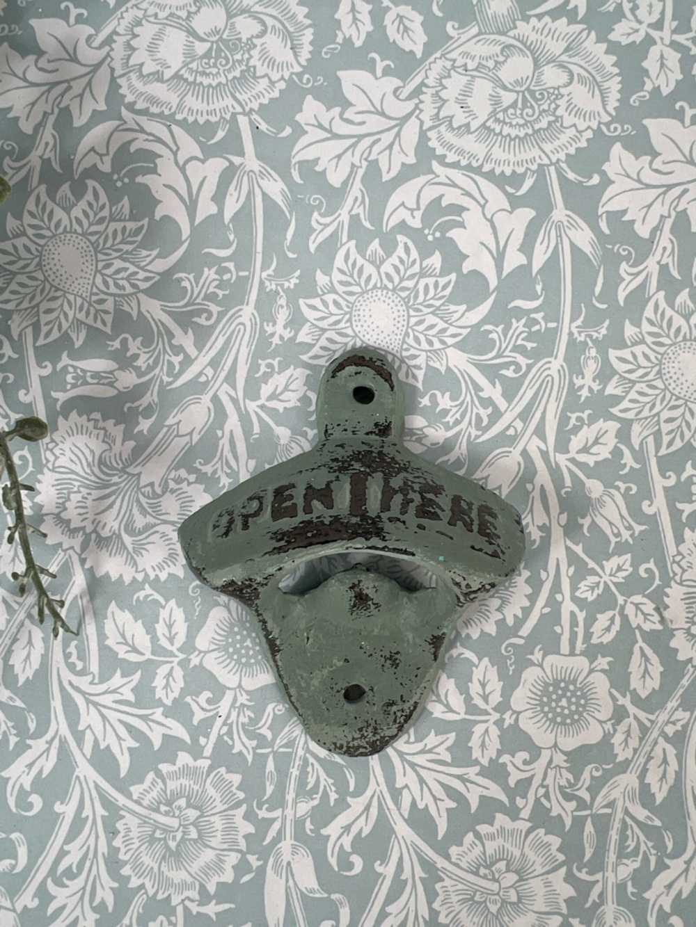 Vintage Style Wall Bottle Opener - OPEN HERE Cast Iron Sage Green Rustic Finish